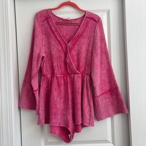 Peach Love California Washed Cotton Gauze Bell Sleeve Romper Sz M Western